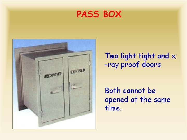 PASS BOX Two light tight and x -ray proof doors Both cannot be opened