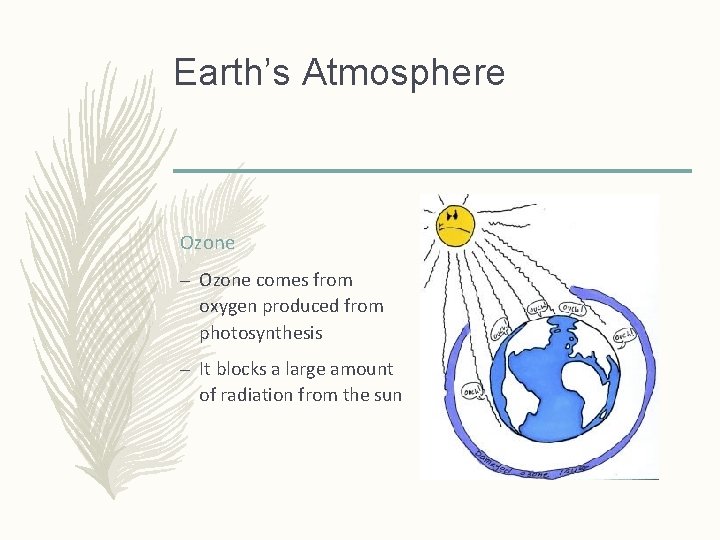 Earth’s Atmosphere Ozone – Ozone comes from oxygen produced from photosynthesis – It blocks