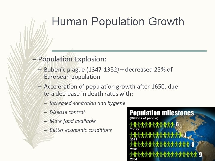 Human Population Growth – Population Explosion: – Bubonic plague (1347 -1352) – decreased 25%