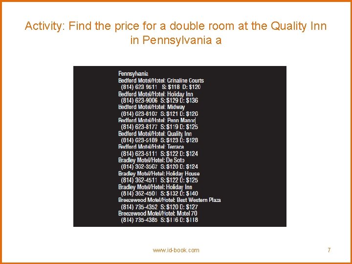 Activity: Find the price for a double room at the Quality Inn in Pennsylvania