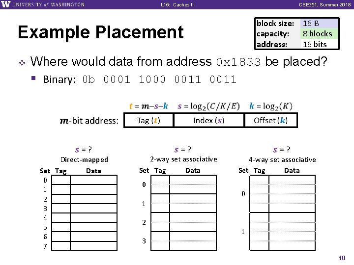 L 15: Caches II CSE 351, Summer 2018 block size: 16 B capacity: 8