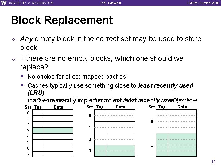 L 15: Caches II CSE 351, Summer 2018 Block Replacement v v Any empty