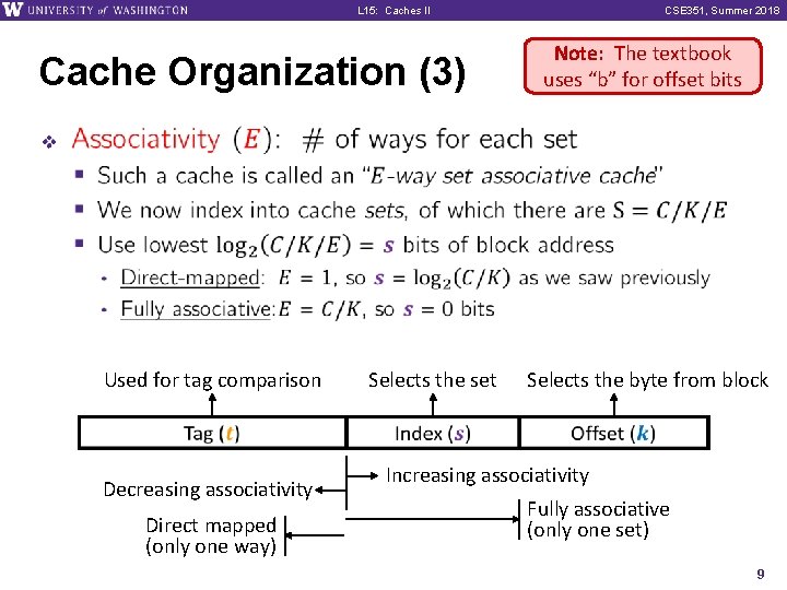 L 15: Caches II Cache Organization (3) CSE 351, Summer 2018 Note: The textbook