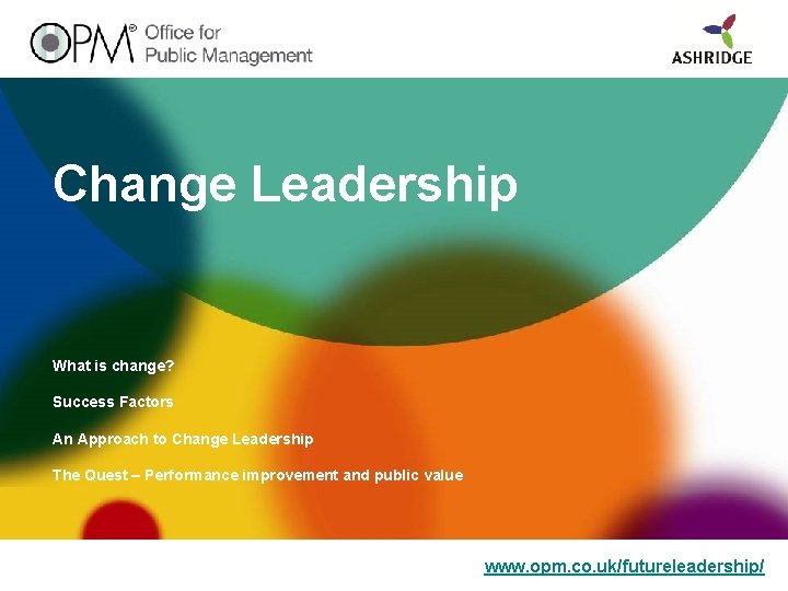 Change Leadership What is change? Success Factors An Approach to Change Leadership The Quest