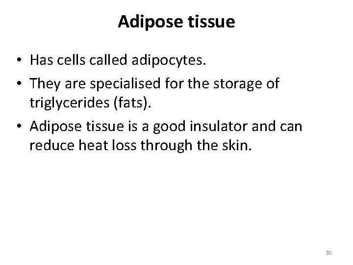 Adipose tissue • Has cells called adipocytes. • They are specialised for the storage