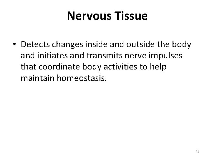 Nervous Tissue • Detects changes inside and outside the body and initiates and transmits