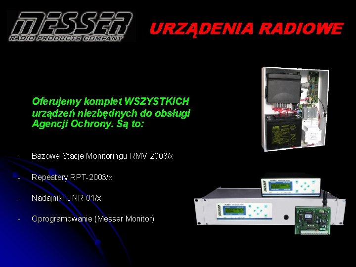 URZĄDENIA RADIOWE Oferujemy komplet WSZYSTKICH urządzeń niezbędnych do obsługi Agencji Ochrony. Są to: -