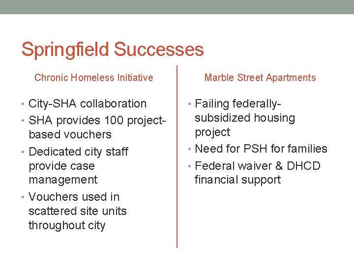 Springfield Successes Chronic Homeless Initiative Marble Street Apartments • City-SHA collaboration • Failing federally-