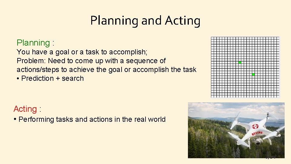 Planning and Acting Planning : You have a goal or a task to accomplish;