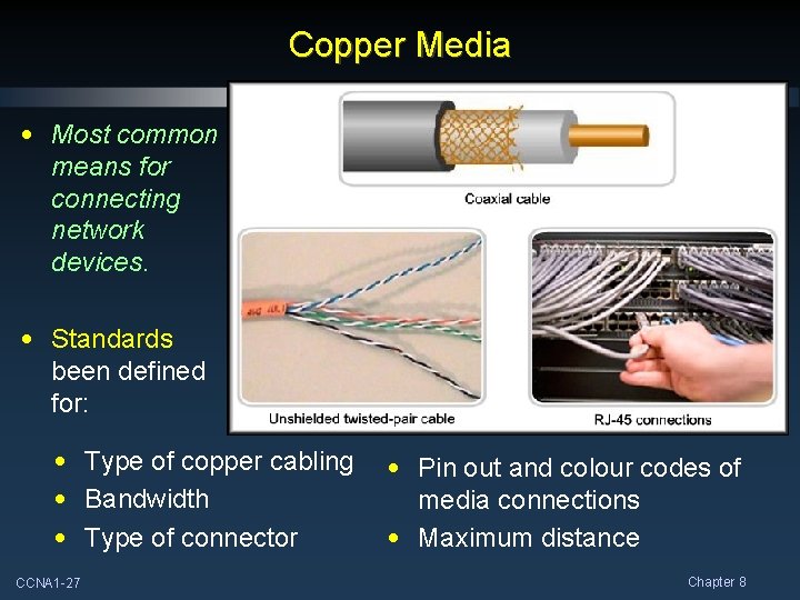 Copper Media • Most common means for connecting network devices. • Standards been defined