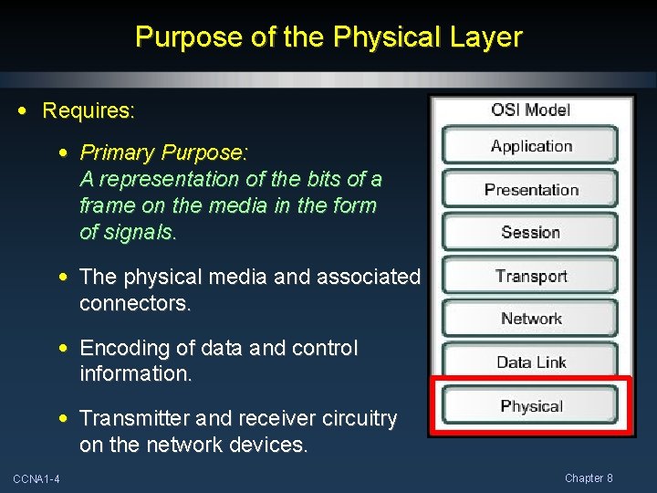 Purpose of the Physical Layer • Requires: • Primary Purpose: A representation of the