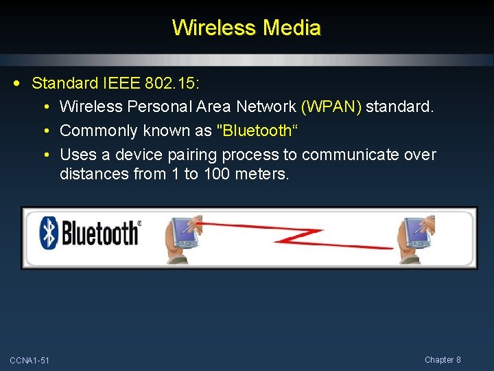 Wireless Media • Standard IEEE 802. 15: • Wireless Personal Area Network (WPAN) standard.