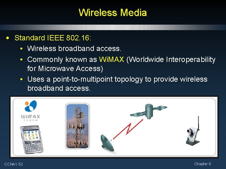 Wireless Media • Standard IEEE 802. 16: • Wireless broadband access. • Commonly known