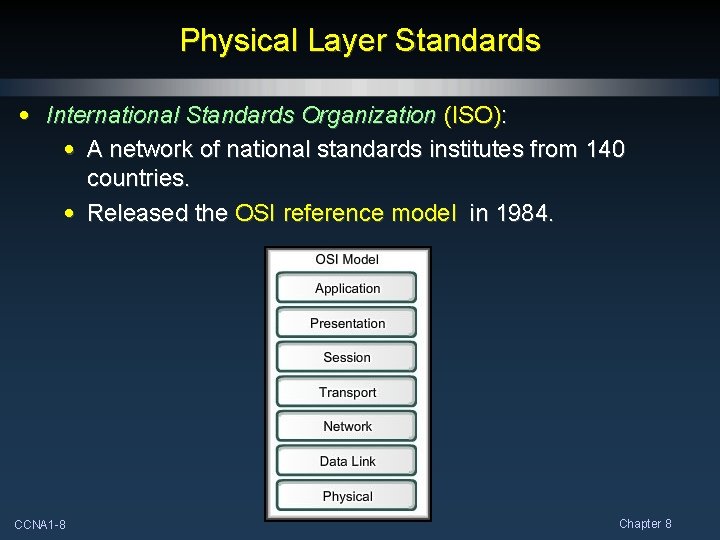 Physical Layer Standards • International Standards Organization (ISO): • A network of national standards