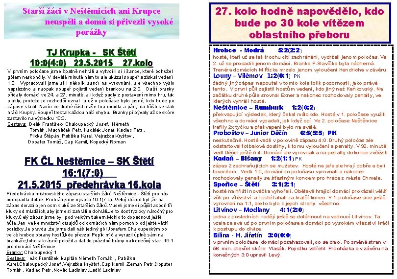 Starší žáci v Neštěmicích ani Krupce neuspěli a domů si přivezli vysoké porážky TJ