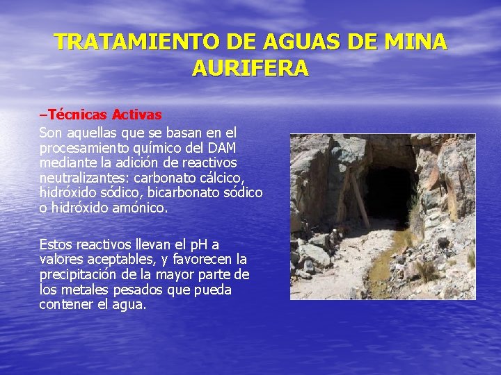 TRATAMIENTO DE AGUAS DE MINA AURIFERA –Técnicas Activas Son aquellas que se basan en