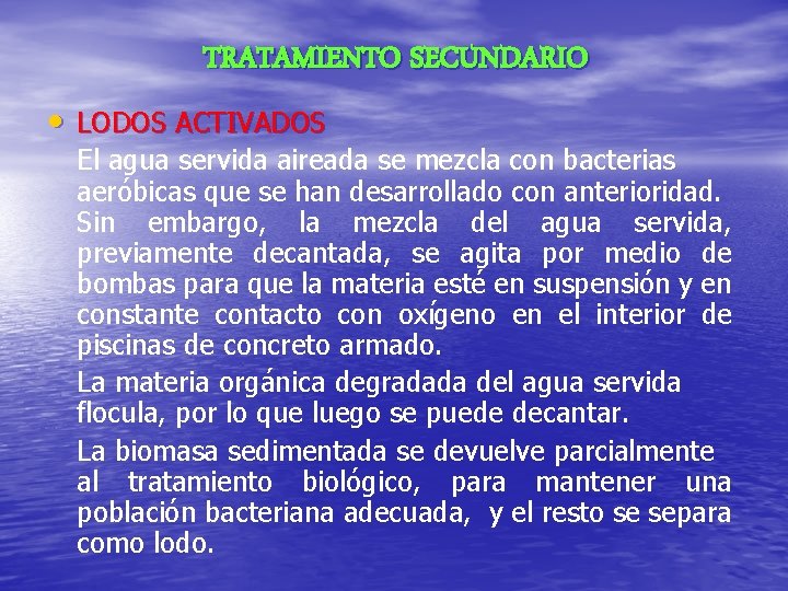 TRATAMIENTO SECUNDARIO • LODOS ACTIVADOS El agua servida aireada se mezcla con bacterias aeróbicas