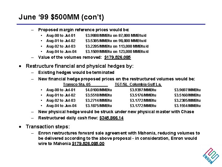 June ‘ 99 $500 MM (con’t) – Proposed margin reference prices would be: •