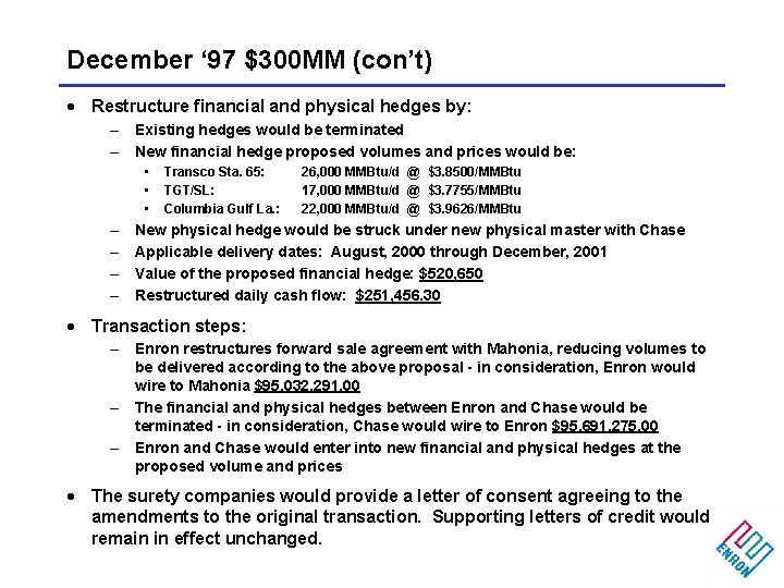 December ‘ 97 $300 MM (con’t) · Restructure financial and physical hedges by: –