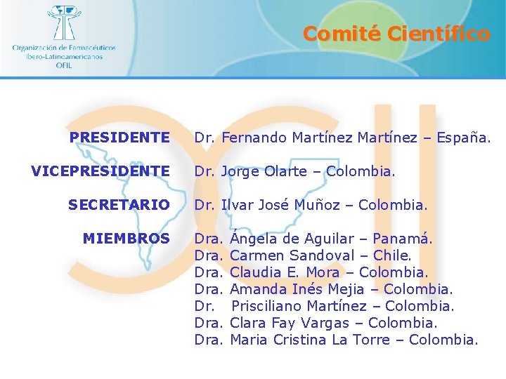 Comité Científico PRESIDENTE VICEPRESIDENTE SECRETARIO MIEMBROS Dr. Fernando Martínez – España. Dr. Jorge Olarte