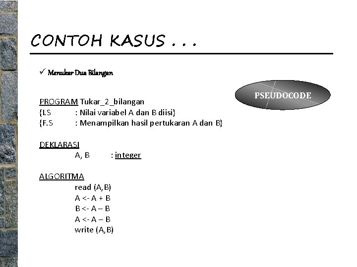 CONTOH KASUS. . . ü Menukar Dua Bilangan PROGRAM Tukar_2_bilangan {I. S : Nilai