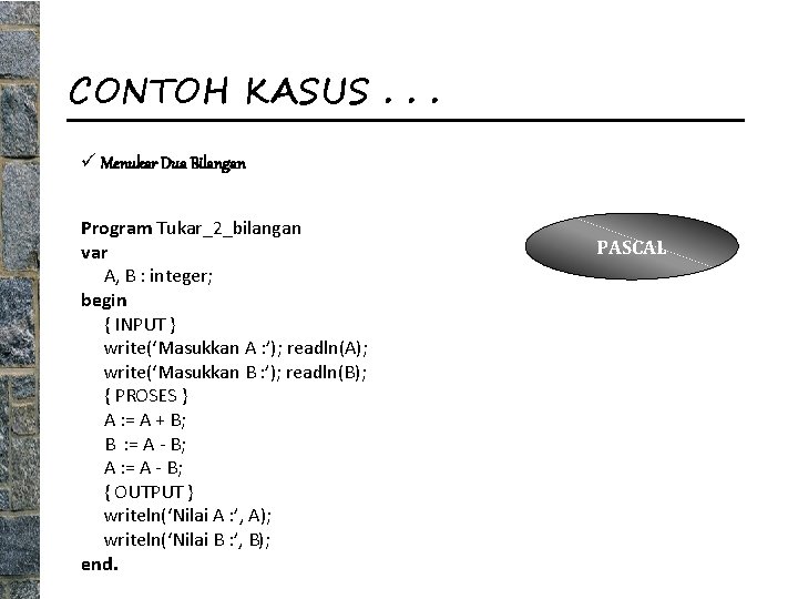 CONTOH KASUS. . . ü Menukar Dua Bilangan Program Tukar_2_bilangan var A, B :