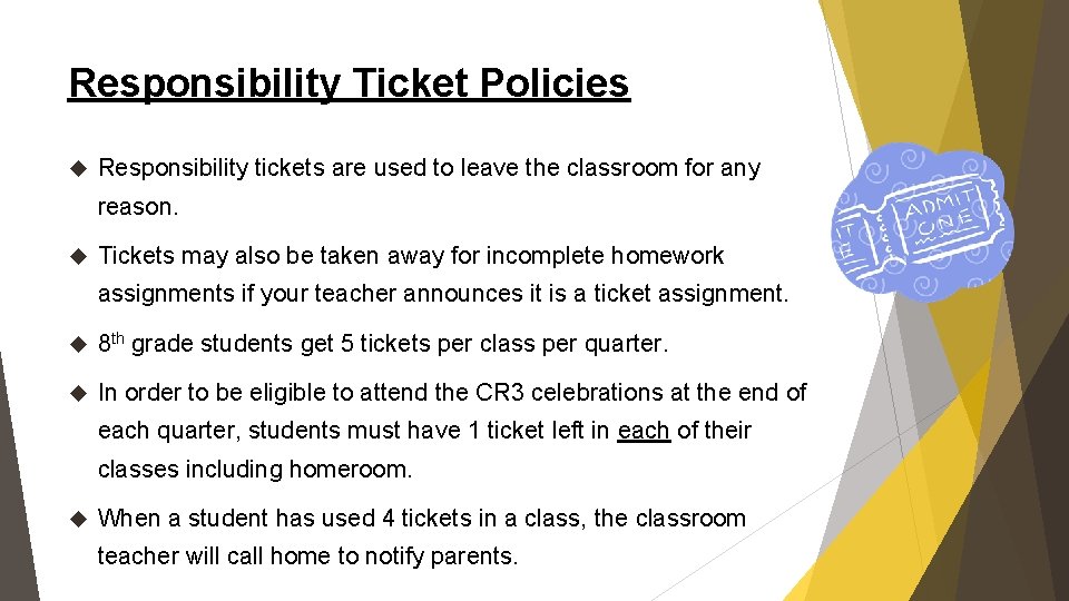 Responsibility Ticket Policies Responsibility tickets are used to leave the classroom for any reason.