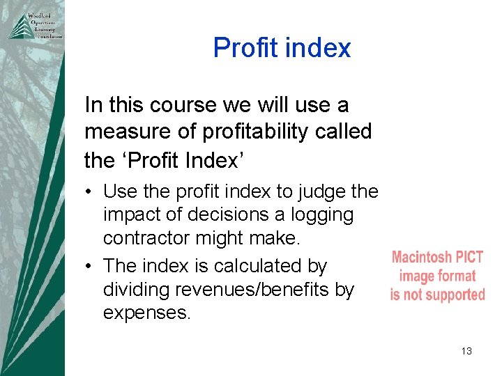 Profit index In this course we will use a measure of profitability called the