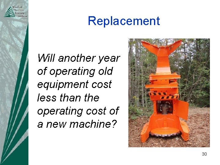 Replacement Will another year of operating old equipment cost less than the operating cost