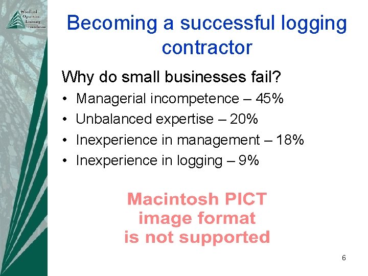 Becoming a successful logging contractor Why do small businesses fail? • • Managerial incompetence