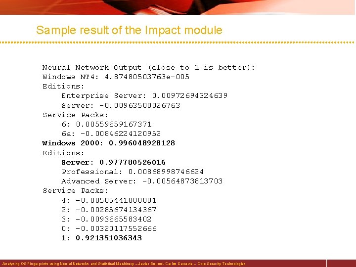 Sample result of the Impact module Neural Network Output (close to 1 is better):