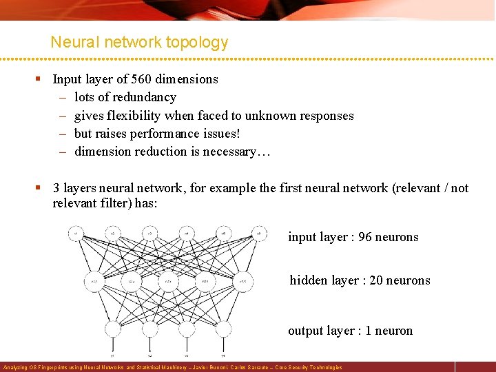 Neural network topology § Input layer of 560 dimensions – lots of redundancy –