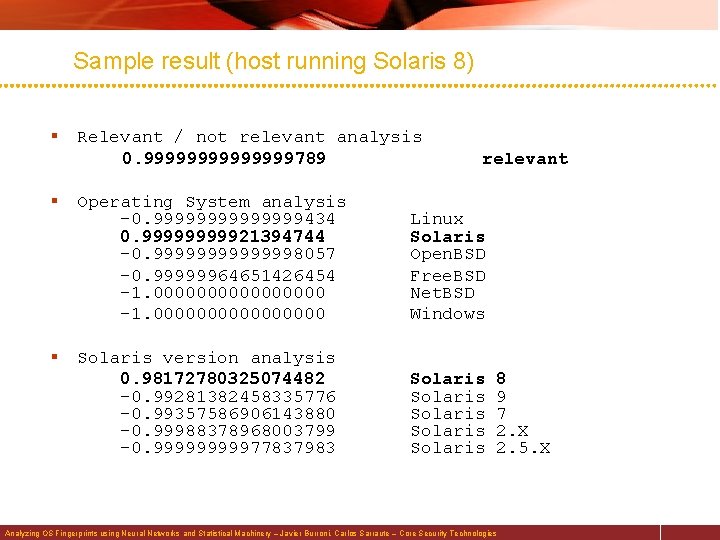 Sample result (host running Solaris 8) § Relevant / not relevant analysis 0. 9999999789