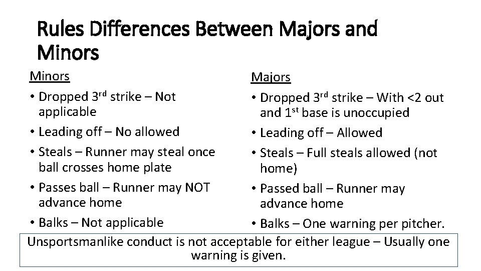 Rules Differences Between Majors and Minors Majors • Dropped 3 rd strike – Not
