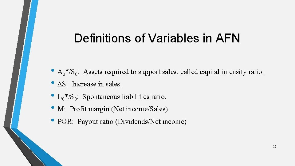 Definitions of Variables in AFN • A 0*/S 0: Assets required to support sales: