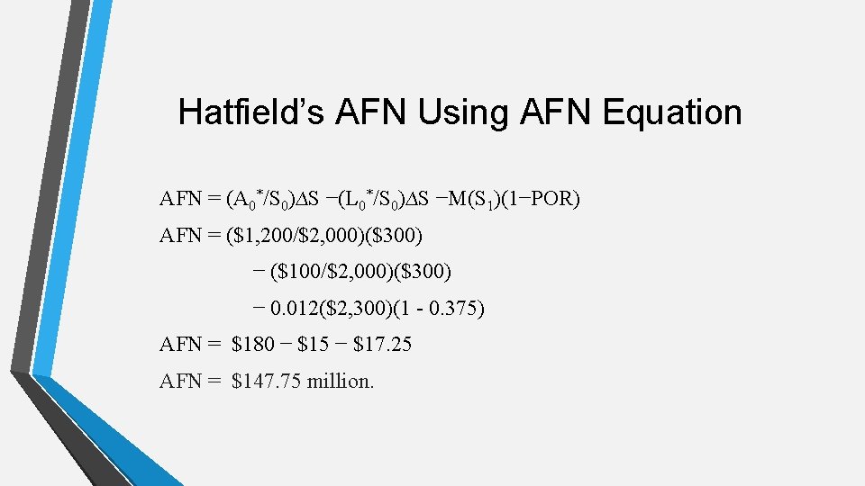 Hatfield’s AFN Using AFN Equation AFN = (A 0*/S 0)∆S −(L 0*/S 0)∆S −M(S