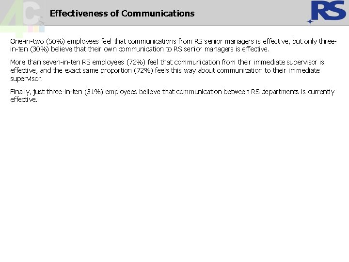 Effectiveness of Communications One-in-two (50%) employees feel that communications from RS senior managers is Effectiveness of Communications One-in-two (50%) employees feel that communications from RS senior managers is