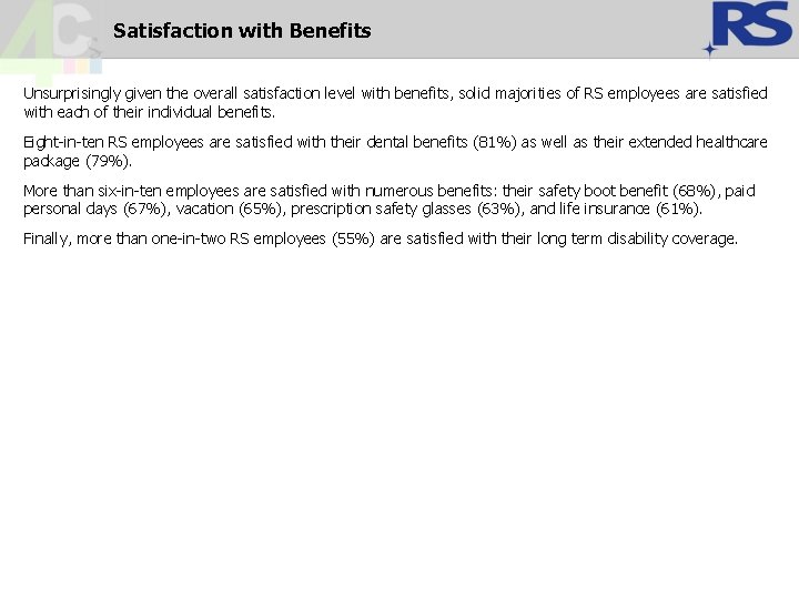 Satisfaction with Benefits Unsurprisingly given the overall satisfaction level with benefits, solid majorities of Satisfaction with Benefits Unsurprisingly given the overall satisfaction level with benefits, solid majorities of