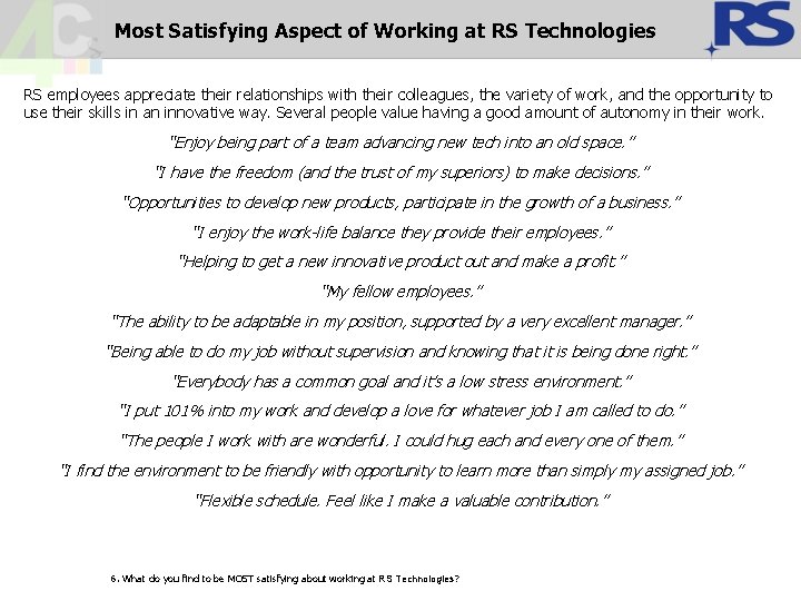 Most Satisfying Aspect of Working at RS Technologies RS employees appreciate their relationships with Most Satisfying Aspect of Working at RS Technologies RS employees appreciate their relationships with