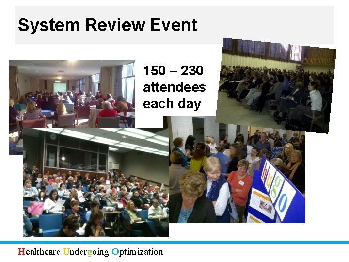 System Review Event 150 – 230 attendees each day Healthcare Undergoing Optimization 