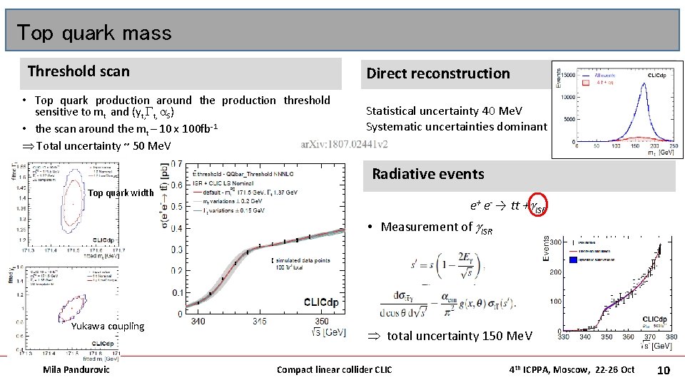 Top quark mass Threshold scan Direct reconstruction • Top quark production around the production