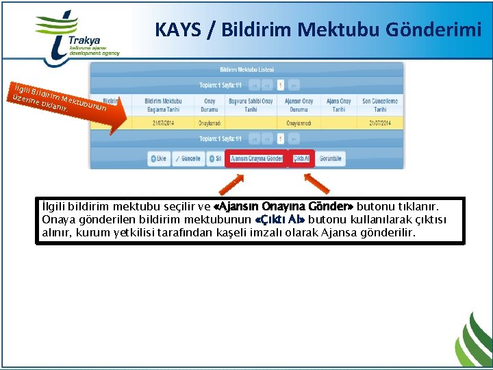 KAYS / Bildirim Mektubu Gönderimi İlgili B üzeri ildirim Me ne tık k lanır.