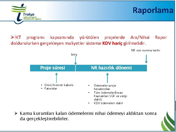 Raporlama ØİKT programı kapsamında yürütülen projelerde Ara/Nihai doldurulurken gerçekleşen maliyetler sisteme KDV hariç girilmelidir.