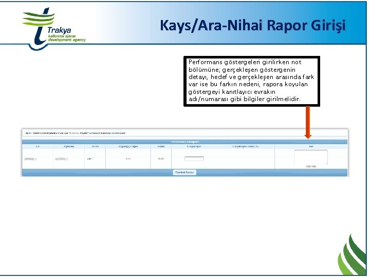 Kays/Ara-Nihai Rapor Girişi Performans göstergeleri girilirken not bölümüne; gerçekleşen göstergenin detayı, hedef ve gerçekleşen