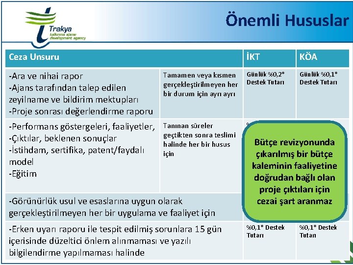 Önemli Hususlar Ceza Unsuru İKT KÖA -Ara ve nihai rapor -Ajans tarafından talep edilen