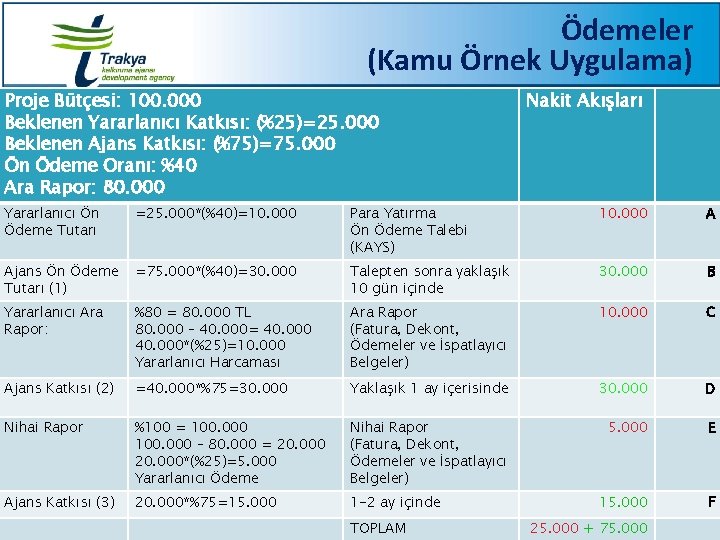 Ödemeler (Kamu Örnek Uygulama) Proje Bütçesi: 100. 000 Beklenen Yararlanıcı Katkısı: (%25)=25. 000 Beklenen