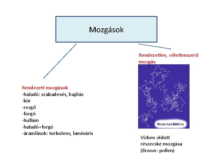 Mozgások Rendezetlen, véletlenszerű mozgás Rendezett mozgások -haladó: szabadesés, hajítás -kör -rezgő -forgó -hullám -haladó+forgó