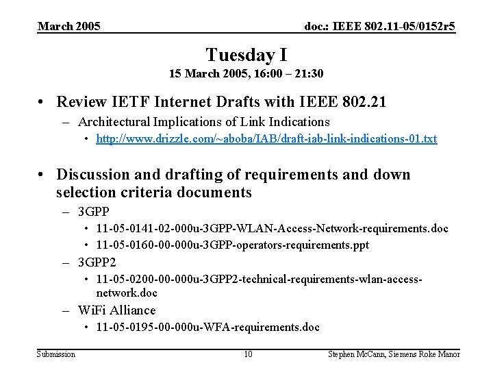 March 2005 doc. : IEEE 802. 11 -05/0152 r 5 Tuesday I 15 March