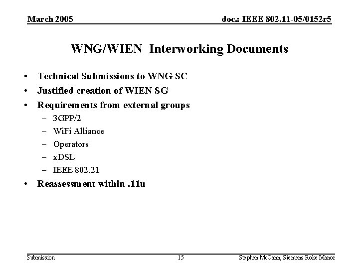 March 2005 doc. : IEEE 802. 11 -05/0152 r 5 WNG/WIEN Interworking Documents •