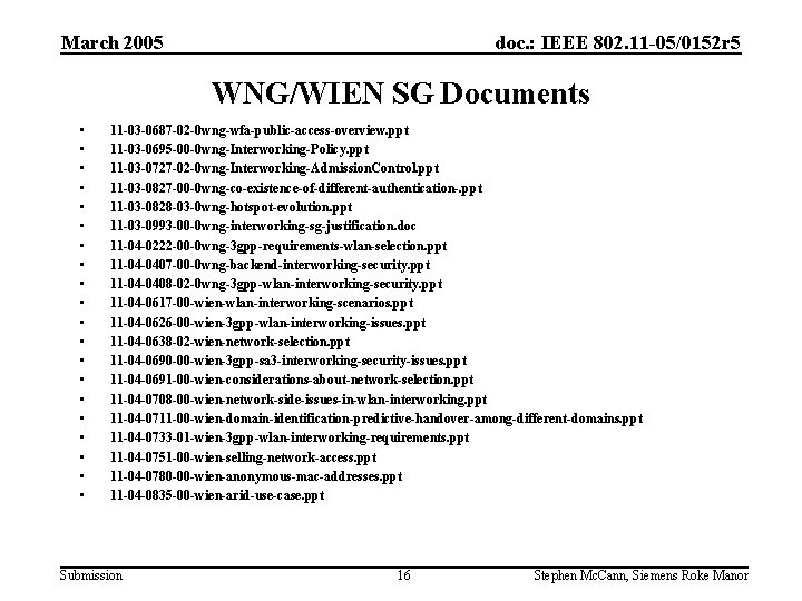 March 2005 doc. : IEEE 802. 11 -05/0152 r 5 WNG/WIEN SG Documents •